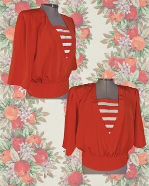 Vintage 80s MS CHAUS Red White Nautical Blouse 3/4 Sleeve Blouse Size 10
